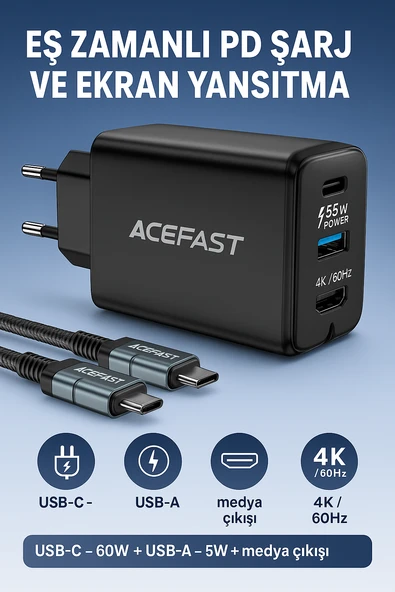 65W PD Hızlı Şarj Adaptörü USB-C 60W + USB-A 5W 4K 60Hz Ekran Yansıtma Destekli