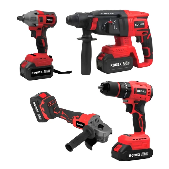 Rodex 20V Akülü 4’lü Şarjlı Matkap Seti Darbeli Matkap, Vidalama, Somun Sıkma ve Taşlama Makinesi ürün görseli