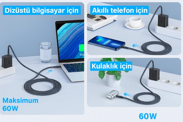 65W PD Hızlı Şarj Adaptörü USB-C 60W + USB-A 5W 4K 60Hz Ekran Yansıtma Destekli - 5