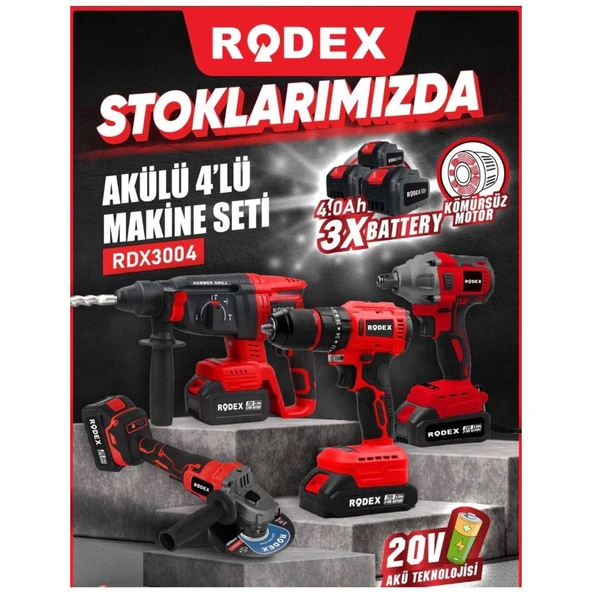Rodex 20V Akülü 4’lü Şarjlı Matkap Seti Darbeli Matkap, Vidalama, Somun Sıkma ve Taşlama Makinesi - Resim 3
