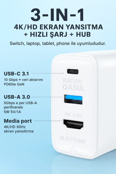 65W PD Hızlı Şarj Adaptörü USB-C 60W + USB-A 5W 4K 60Hz Ekran Yansıtma Destekli - 3