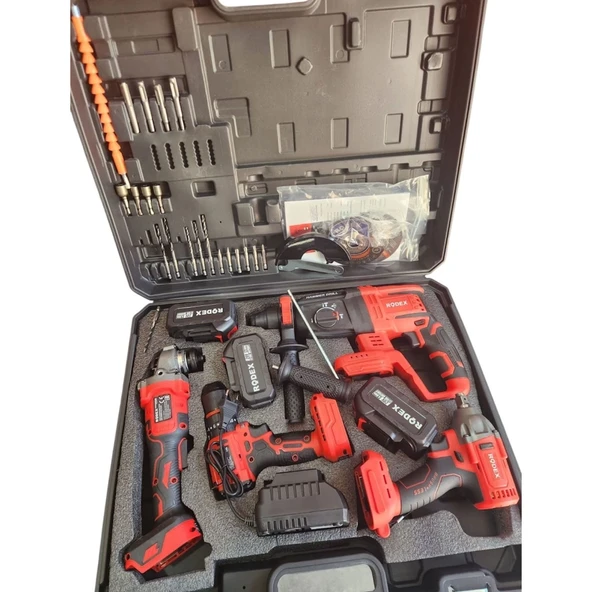 Rodex 20V Akülü 4’lü Şarjlı Matkap Seti Darbeli Matkap, Vidalama, Somun Sıkma ve Taşlama Makinesi - Resim 6