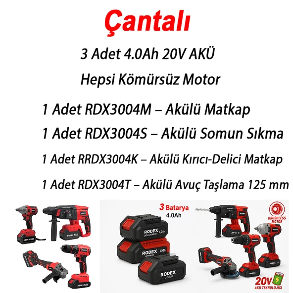 Rodex 20V Akülü 4’lü Şarjlı Matkap Seti Darbeli Matkap, Vidalama, Somun Sıkma ve Taşlama Makinesi - Resim 4