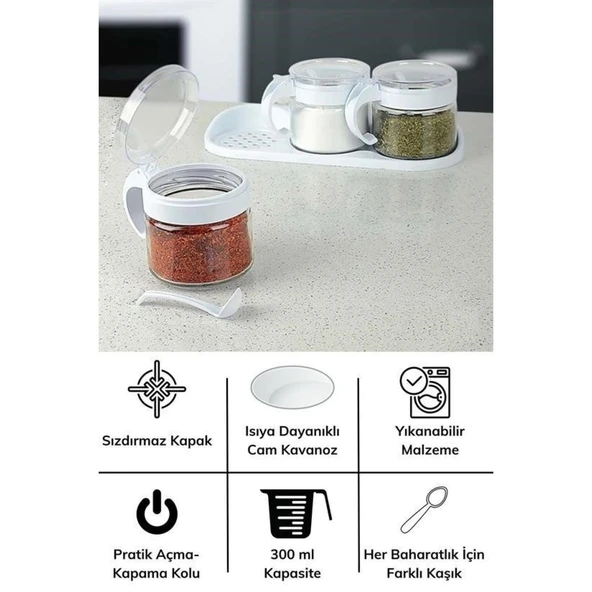 BUFFER® Beyaz 3lü Standlı Kapaklı Kaşıklı Cam Hava Sızdırmaz Baharatlık Takımı KC-386 - 7