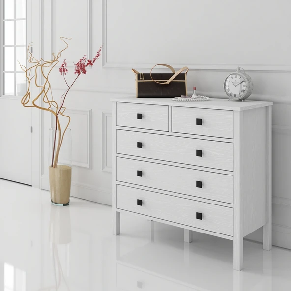 Hunerika Ancona 5 çekmeceli şifonyer-Wood Beyaz-Minifiks Bağlantılı