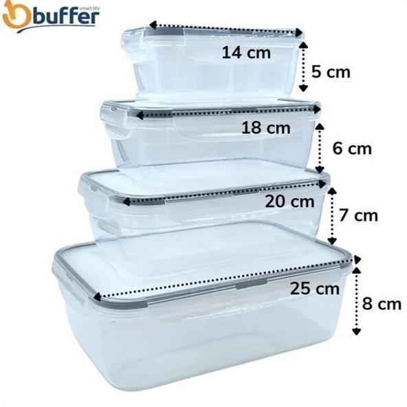 BUFFER® 4lü İç İçe Sızdırmaz Contalı Kilitli Kapaklı Plastik Erzak Saklama Kapları LC315 - 4
