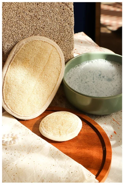 2'li Set Doğal Kabak Lifi Selülit Siyah Nokta Batık Leke Onarma Yüz ve Banyo Hamam Kesesi