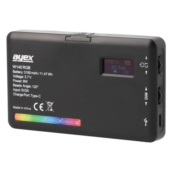 ayex W140 RGB LED Video Işığı 20 Özel Işık Efekti, LCD Ekran, Dahili 3100mAh Batarya - 3