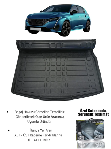 Sahler Peugeot 308 2022+ Uyumlu 4.5D Premium Havuzlu Oto Paspas ve Liner Marka 3D Bagaj Havuzu - 2