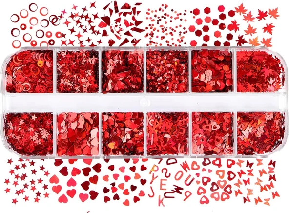 Parlak Kırmızı Tırnak Süsleme Folyo Pulları Karışık Dizayn Kelebek Kalp Harfler Yıldızlar Nail Art ürün görseli