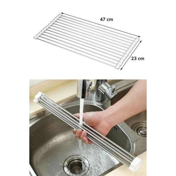 BUFFER® Evye Üstü Katlanır Nihale Paslanmaz Çelik Pratik Sebze Meyve Bulaşık Kurutma Süzgeci - 8