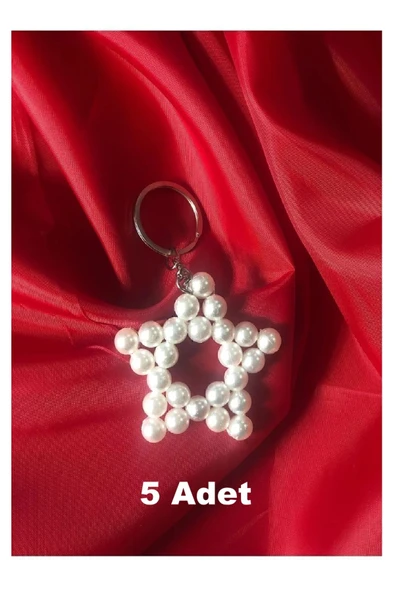 5 Adet Nikah Düğün Kına Hediyelik Büyük Boy İncili Yıldız Modelli Metal Halkalı Anahtalık