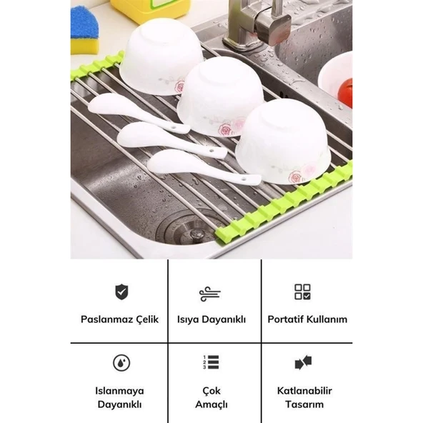 BUFFER® Evye Üstü Katlanır Nihale Paslanmaz Çelik Pratik Sebze Meyve Bulaşık Kurutma Süzgeci - 2