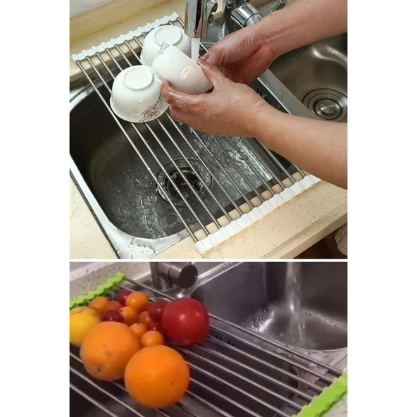 BUFFER® Evye Üstü Katlanır Nihale Paslanmaz Çelik Pratik Sebze Meyve Bulaşık Kurutma Süzgeci - 6
