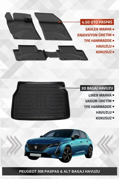 Sahler Peugeot 308 2022+ Uyumlu 4.5D Premium Havuzlu Oto Paspas ve Liner Marka 3D Bagaj Havuzu - 1