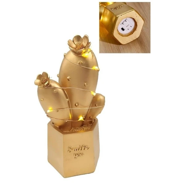 BUFFER® Led Işıklı Sevimli Kaktüs Dekoratif Masa Lambası Mini Biblo Gece Lambası Gold - 7