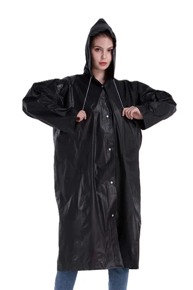 Unisex Standart Kapüşonlu Çıtçıt Düğmeli Siyah Rahat Kullanım Eva Yağmurluk Pardesü - 2
