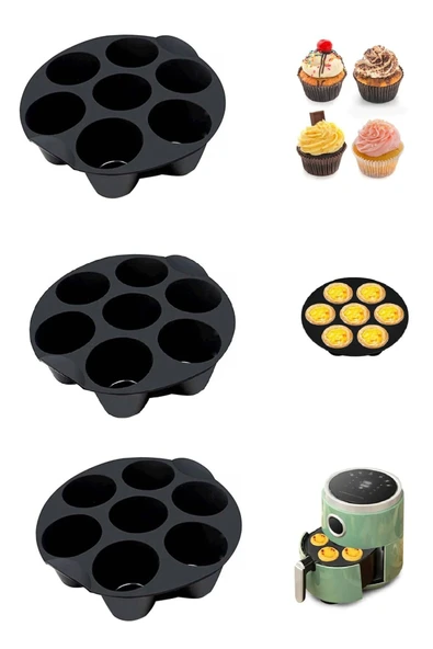 3'lü Airfryer Silikon 7 Gözlü Hava Firitözü Muffin Çörek Kek Kalıbı Yanmaz Yapışmaz - 2