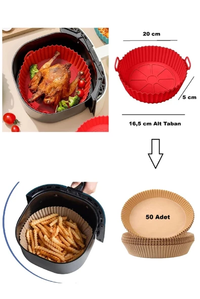 2'li Set 50 Adet AirFryer Yağsız Pişirme Kağıdı Silikon Yanmaz Yapışmaz Koku Yapmaz Yıkanabilir