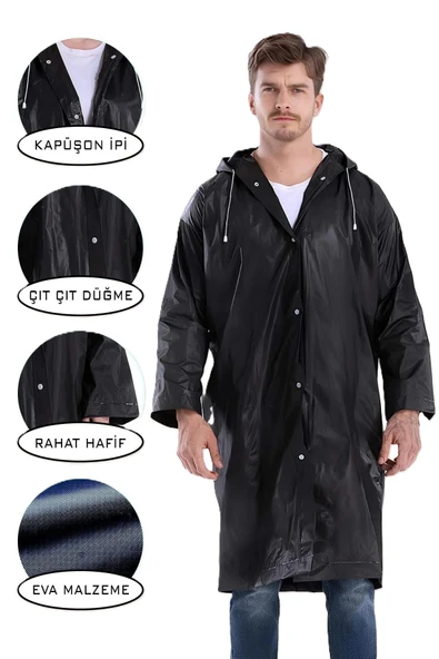Unisex Standart Kapüşonlu Çıtçıt Düğmeli Siyah Rahat Kullanım Eva Yağmurluk Pardesü - 3