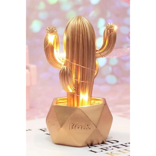 BUFFER® Led Işıklı Sevimli Kaktüs Dekoratif Masa Lambası Mini Biblo Gece Lambası-GOLD - 8