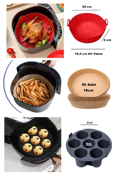 3'lü Airfryer Silikon 7 Gözlü Hava Firitözü Muffin Çörek Kek Kalıbı Yanmaz Yapışmaz