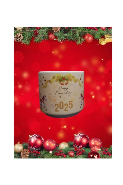 Yılbaşı Temalı Seramin Çift Taraflı Baskı T Kulplu Kupa Bardak Hediyelik Kahve Fincanı - 2