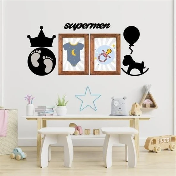 BUFFER® DECO103 Supermen Dekoratif Duvar Süsü Tablo Aksesuar Ahşap Tasarım Hediye Pano Sticker Seti - 5