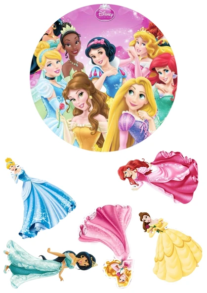 Yenilebilir Yuvarlak Pasta ve Figür Resim Baskısı Şekerli Kağıt Prensesler Temalı 22 ürün görseli