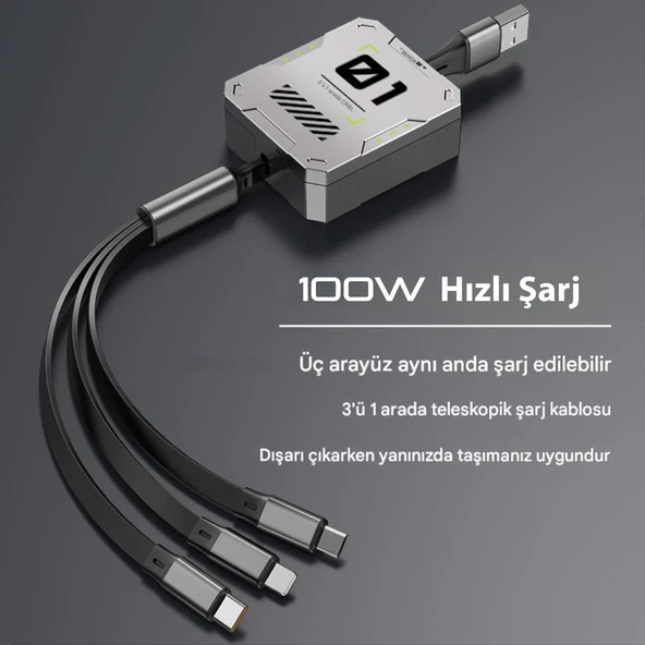 Zuidid - FC151 - 3 ü 1 Arada 100W 3A Hızlı Şarjlı 1.2 Metre Geri Çekilebilir Çoklu Şarj Kablosu - 3