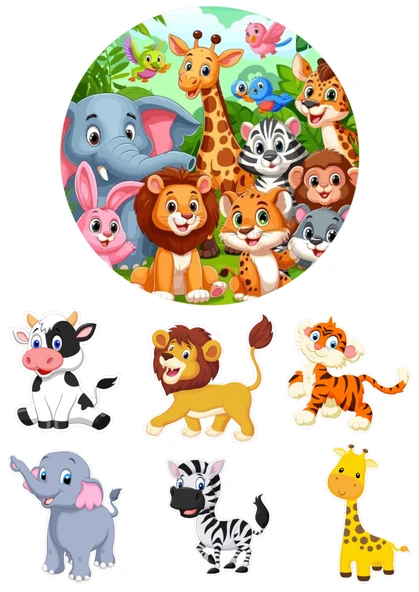 Yenilebilir Yuvarlak Pasta ve Figür Resim Baskısı Şekerli Kağıt Safari Temalı 24 ürün görseli