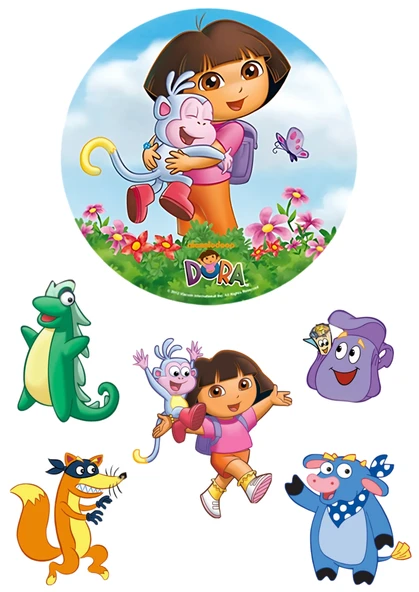 Yenilebilir Yuvarlak Pasta ve Figür Resim Baskısı Şekerli Kağıt Dora Temalı 41 ürün görseli