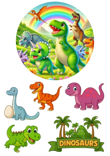 Yenilebilir Yuvarlak Pasta ve Figür Resim Baskısı Şekerli Kağıt Dinazor Temalı 08 ürün görseli