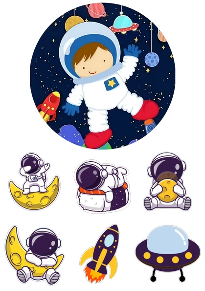 Yenilebilir Yuvarlak Pasta ve Figür Resim Baskısı Şekerli Kağıt Uzay Temalı 28 ürün görseli