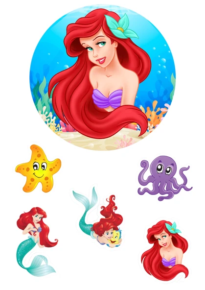 Yenilebilir Yuvarlak Pasta ve Figür Resim Baskısı Şekerli Kağıt Deniz Kızı Temalı 07 ürün görseli