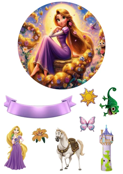 Yenilebilir Yuvarlak Pasta ve Figür Resim Baskısı Şekerli Kağıt Rapunzel Temalı 23 ürün görseli