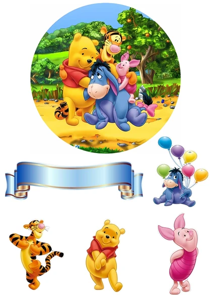 Yenilebilir Yuvarlak Pasta ve Figür Resim Baskısı Şekerli Kağıt Winnie The Pooh Temalı 39 ürün görseli