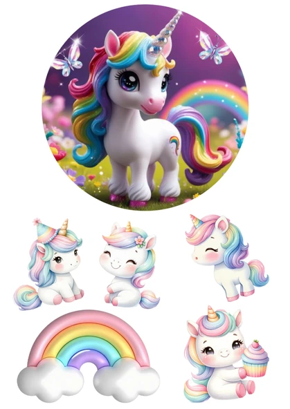 Yenilebilir Yuvarlak Pasta ve Figür Resim Baskısı Şekerli Kağıt Unicorn Temalı 29 ürün görseli