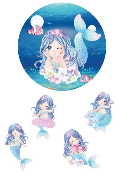 Yenilebilir Yuvarlak Pasta ve Figür Resim Baskısı Şekerli Kağıt Deniz Kızı Temalı 06 ürün görseli