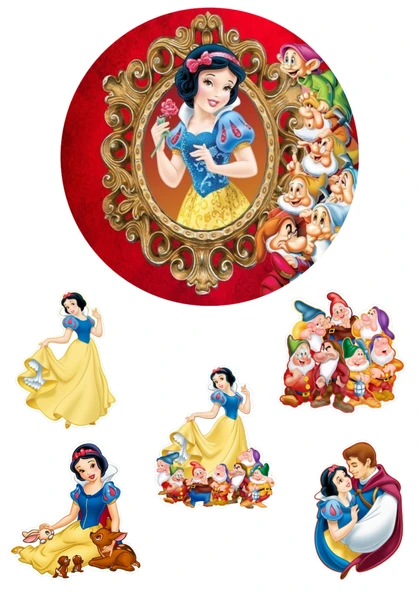 Yenilebilir Yuvarlak Pasta ve Figür Resim Baskısı Şekerli Kağıt Pamuk Prenses Temalı 17 ürün görseli