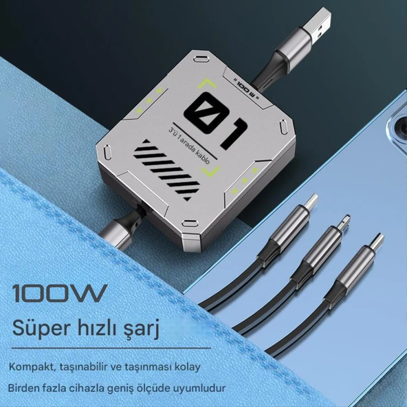 Zuidid - FC151 - 3 ü 1 Arada 100W 3A Hızlı Şarjlı 1.2 Metre Geri Çekilebilir Çoklu Şarj Kablosu - 4