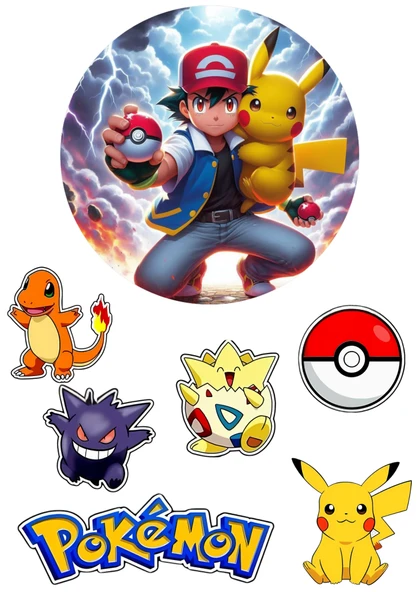 Yenilebilir Yuvarlak Pasta ve Figür Resim Baskısı Şekerli Kağıt Pokemon Temalı 20 ürün görseli