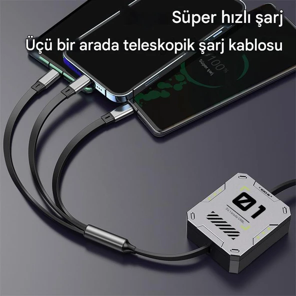 Zuidid - FC151 - 3 ü 1 Arada 100W 3A Hızlı Şarjlı 1.2 Metre Geri Çekilebilir Çoklu Şarj Kablosu - 2
