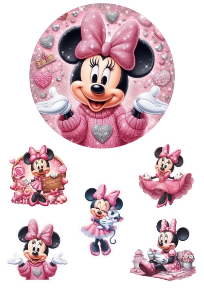 Yenilebilir Yuvarlak Pasta ve Figür Resim Baskısı Şekerli Kağıt Mini Mouse Temalı 12 ürün görseli