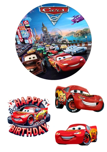 Yenilebilir Yuvarlak Pasta ve Figür Resim Baskısı Şekerli Kağıt Cars Temalı 04 ürün görseli