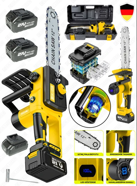 Karbon Motor Şarjlı Akülü 21 Vf 3000 Mah Dijital Şarj Göstergeli  Dal Kesme Budama Testere Makinesi - 1