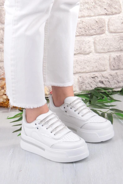 Fort 07319 Flet Taş Aksesuar Bağcıklı Kalın Taban Sneaker Kadın Ayakkabı - Resim 3