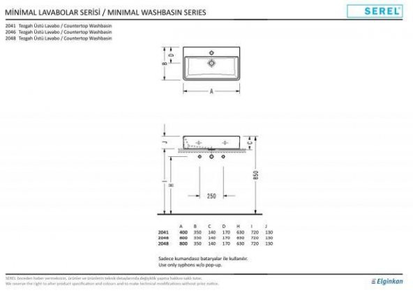 Serel Tezgah Üstü Dikdörtgen Lavabo 35x60 Cm 2046TXS110H - 2