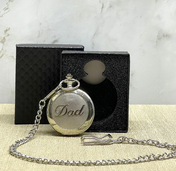 Özel Kutulu Dad (Baba) Tasarımlı Gümüş Köstekli Saat ürün görseli 1