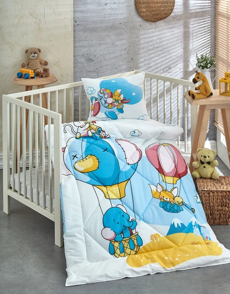 Komfort Home Baskılı %100 Pamuklu Silikon Elyaf Bebek Yorganı+Yastık